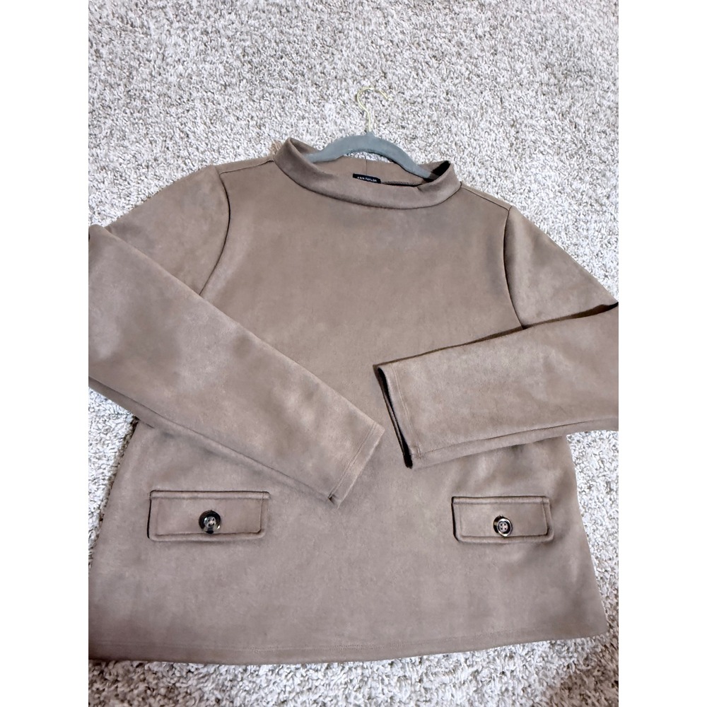 Ann Taylor Faux Suede Mock Neck Top Brown Long Sleeve Pockets Medium